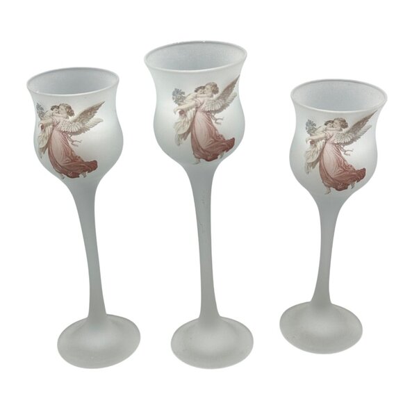 L. E. Smith Set of 3 Candle Votive Holders Baby & Angels Christmas Frosted Glass - Picture 1 of 10